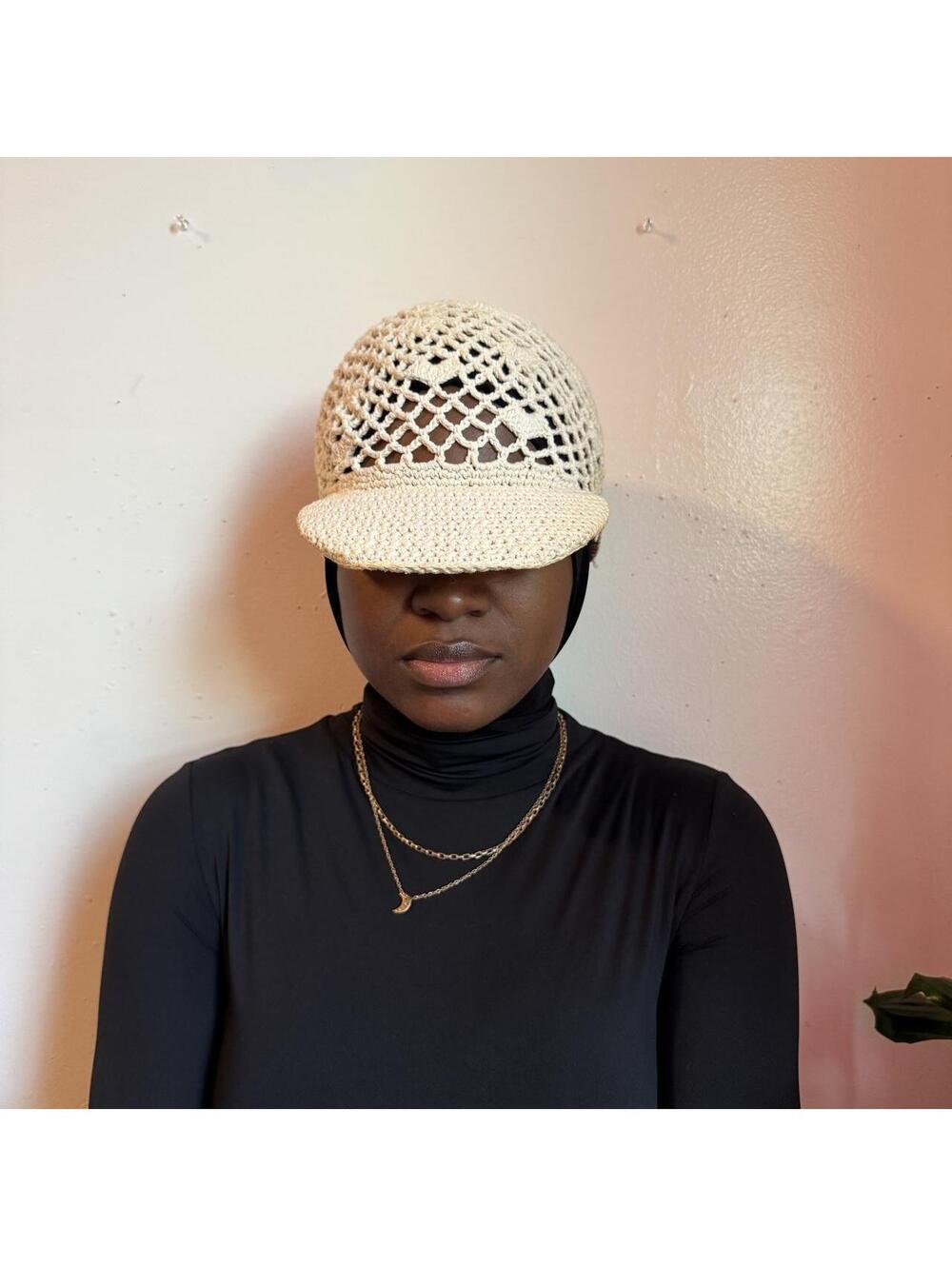 Vintage Off-White Crochet Fishnet Visor Beanie hat